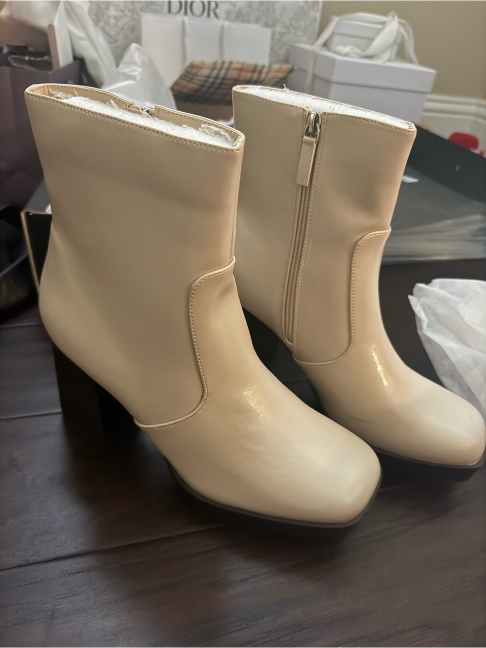 NWT and Box Lulu's Cream Block-Heel Ankle Boots with Side Zip